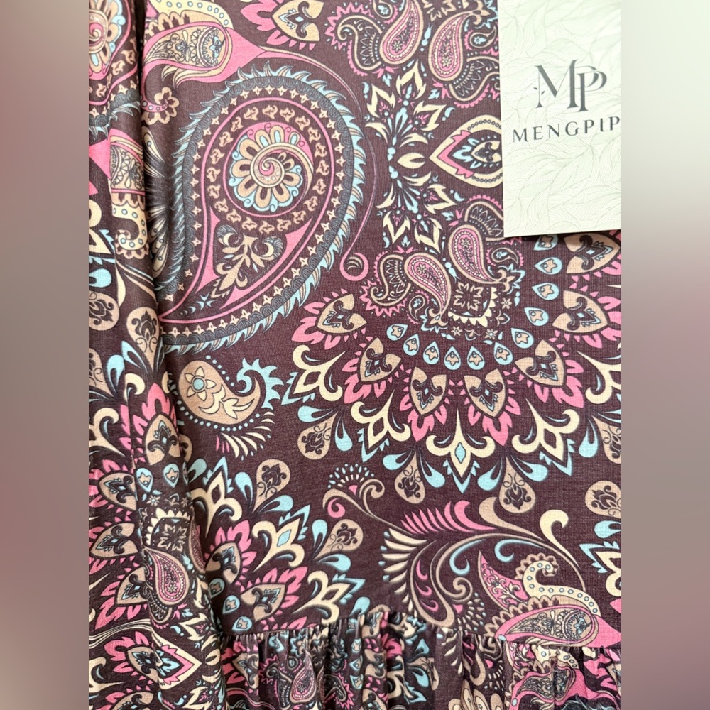 Mengpipi Paisley Print Dress Scoop Neck Long Sleeves Gathered Waist Pockets XXL - Picture 5 of 5